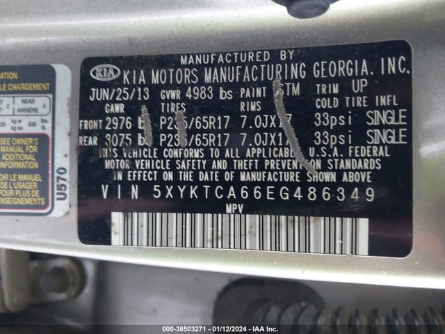 KIA SORENTO LX 2014 5XYKTCA66EG486349 Image 9