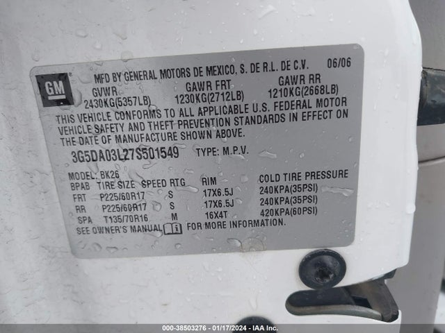 2007 BUICK RENDEZVOUS CX VIN: 3G5DA03L27S501549