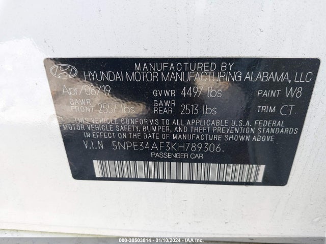 2019 HYUNDAI SONATA SEL VIN: 5NPE34AF3KH789306