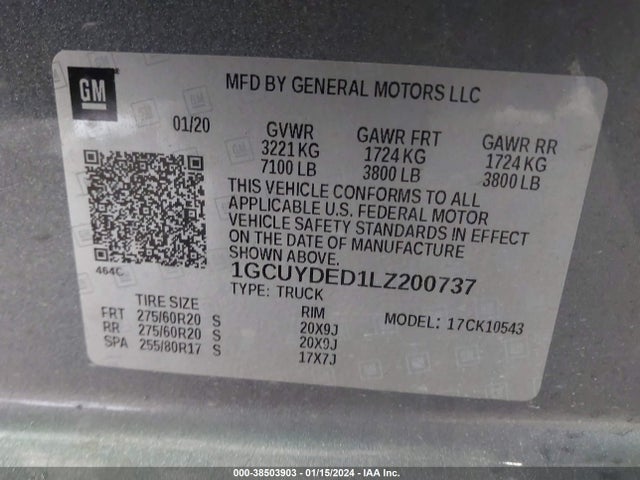 2020 CHEVROLET SILVERADO 1500 4WD SHORT BED LT VIN: 1GCUYDED1LZ200737