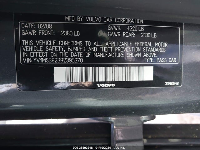 2008 VOLVO S40 2.4I VIN: YV1MS382382395370