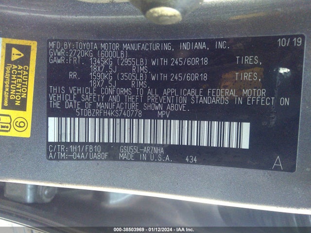 Toyota Highlander Le 2019 5TDBZRFH4KS740778 Image 9