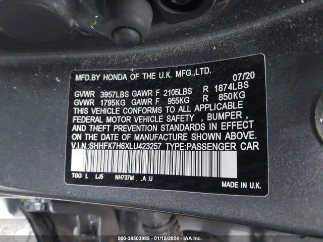 Honda CIVIC EX 2020 SHHFK7H6XLU423257 Image 9