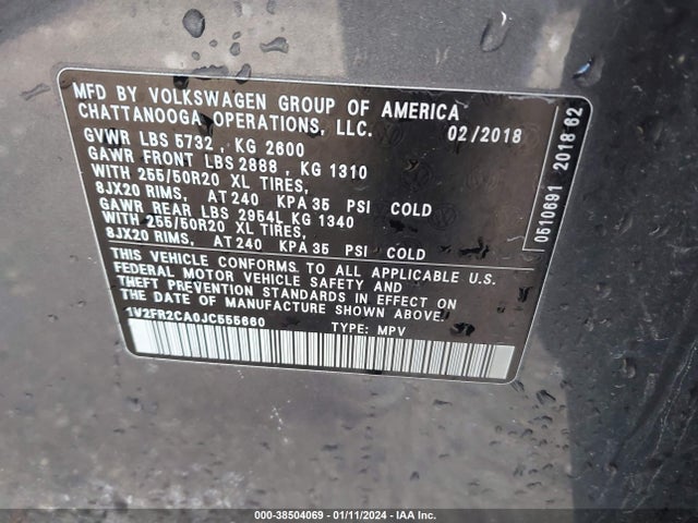 1V2FR2CA0JC555660 Volkswagen Atlas 3.6l V6 Se W/technology