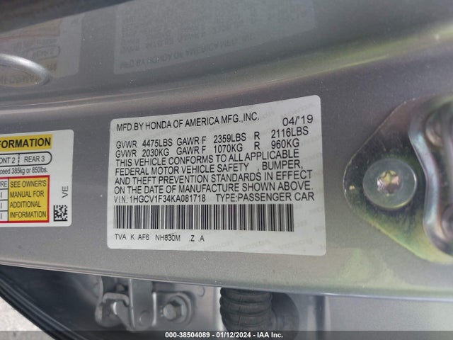 2019 HONDA ACCORD SPORT VIN: 1HGCV1F34KA081718