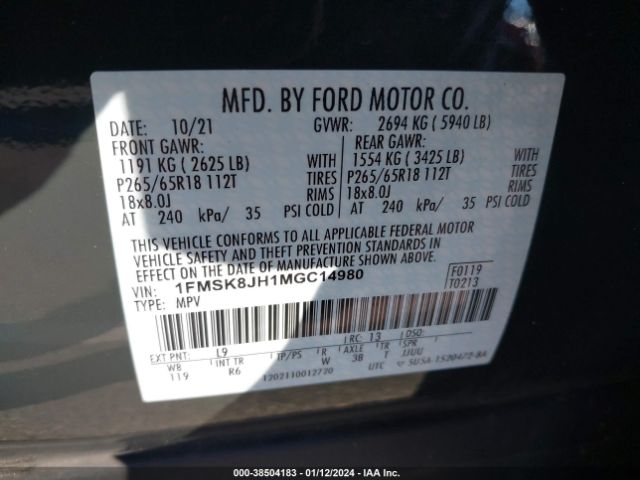 1FMSK8JH1MGC14980 Ford Explorer Timberline