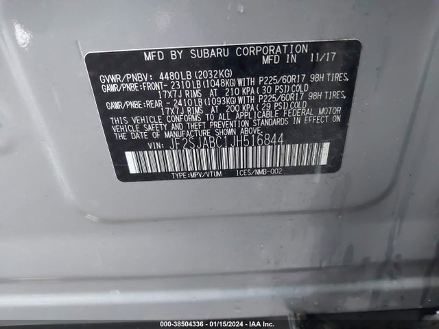 Aukcja sprzedaży 2018 Subaru Forester 2.5i, vin: JF2SJABC1JH516844, numer aukcji: 38504336