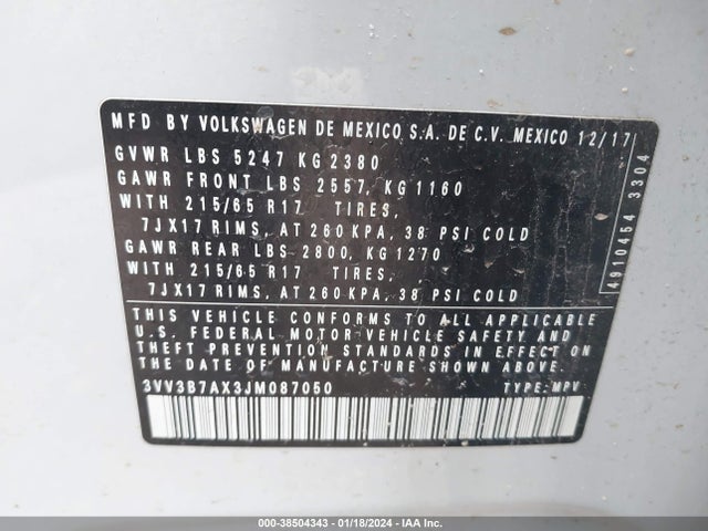 2018 VOLKSWAGEN TIGUAN 2.0T SE/2.0T SEL VIN: 3VV3B7AX3JM087050