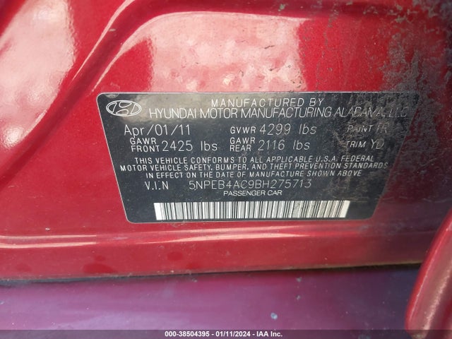2011 HYUNDAI SONATA GLS VIN: 5NPEB4AC9BH275713