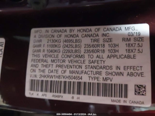 Honda Cr-v Ex-l 2019 2HKRW1H87KH504654 Image 9