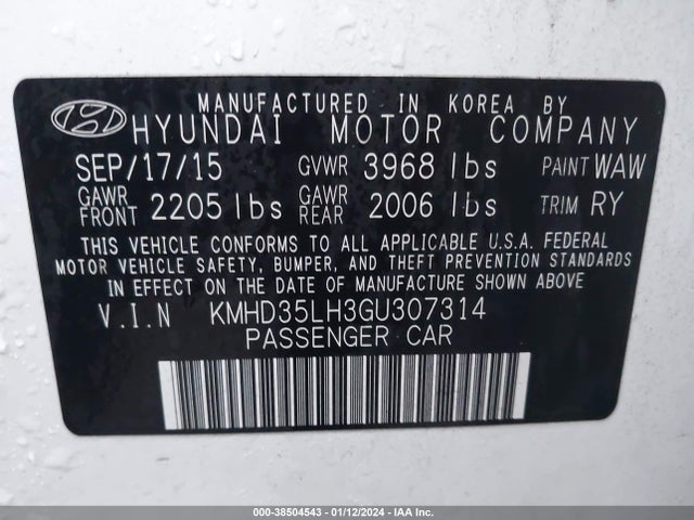 2016 HYUNDAI ELANTRA GT VIN: KMHD35LH3GU307314
