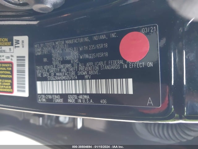 Toyota Highlander Xle 2021 5TDGZRAH0MS057914 Image 9