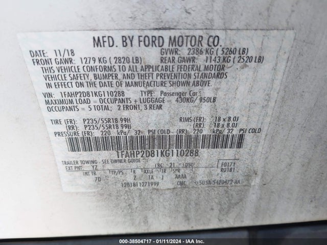 Ford TAURUS SE 2019 1FAHP2D81KG110288 Image 9