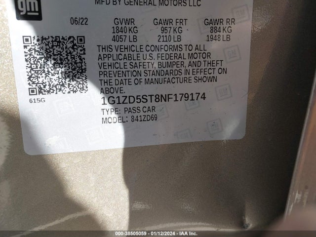 2022 CHEVROLET MALIBU FWD LT VIN: 1G1ZD5ST8NF179174