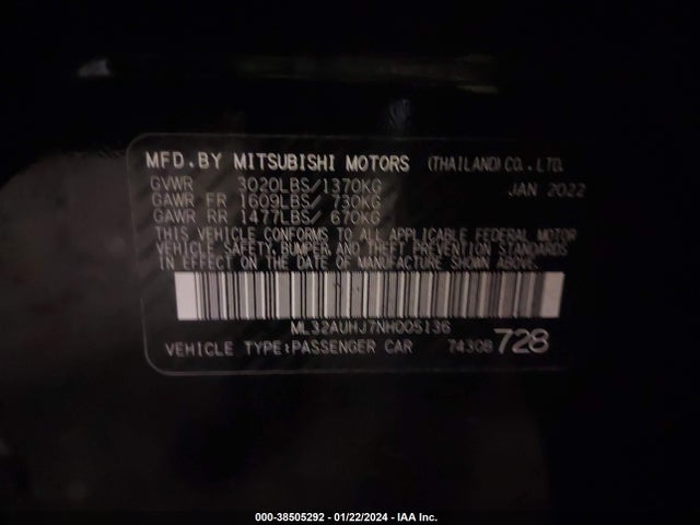 2022 MITSUBISHI MIRAGE ES/LE VIN: ML32AUHJ7NH005136