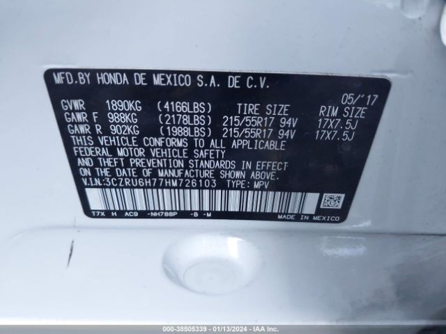 3CZRU6H77HM726103 Honda Hr-v Ex-l