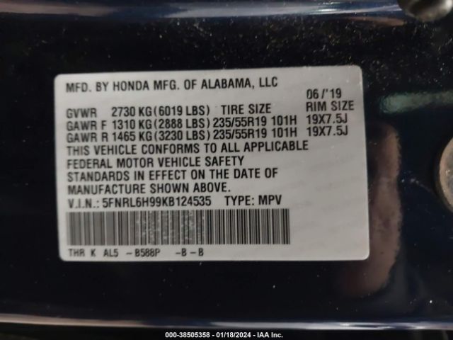 5FNRL6H99KB124535 Honda Odyssey Elite