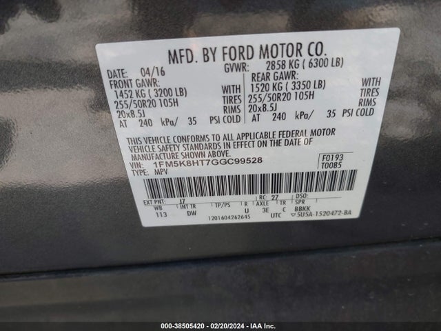 2016 FORD EXPLORER PLATINUM VIN: 1FM5K8HT7GGC99528