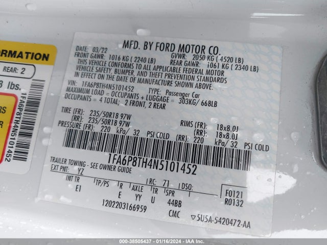 Ford Mustang Ecoboost Premium Fastback 2022 1FA6P8TH4N5101452 Image 9