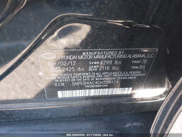 2013 HYUNDAI SONATA GLS VIN: 5NPEB4AC4DH504124