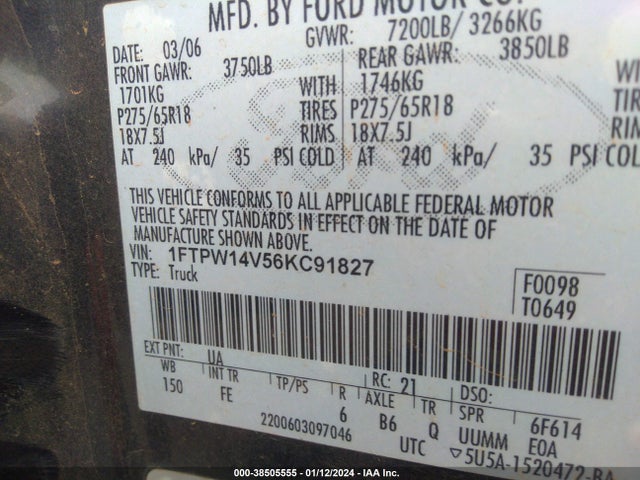 2006 FORD F-150 FX4/LARIAT/XLT VIN: 1FTPW14V56KC91827
