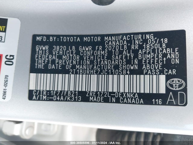 Toyota COROLLA LE 2018 2T1BURHE7JC110584 Image 9