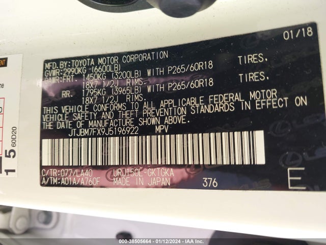 JTJBM7FX9J5196922 Lexus 460
