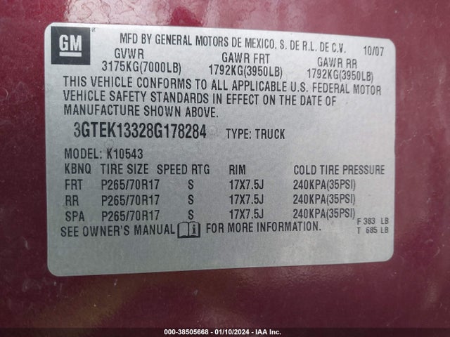 2008 GMC SIERRA 1500 SLE1 VIN: 3GTEK13328G178284