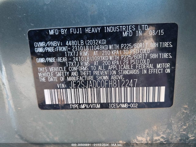 2015 SUBARU FORESTER 2.5I PREMIUM VIN: JF2SJADC0FH812247