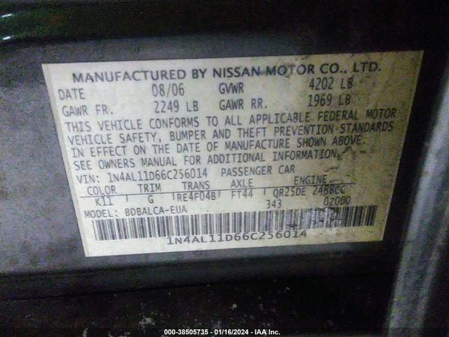 2006 NISSAN ALTIMA 2.5 S VIN: 1N4AL11D66C256014
