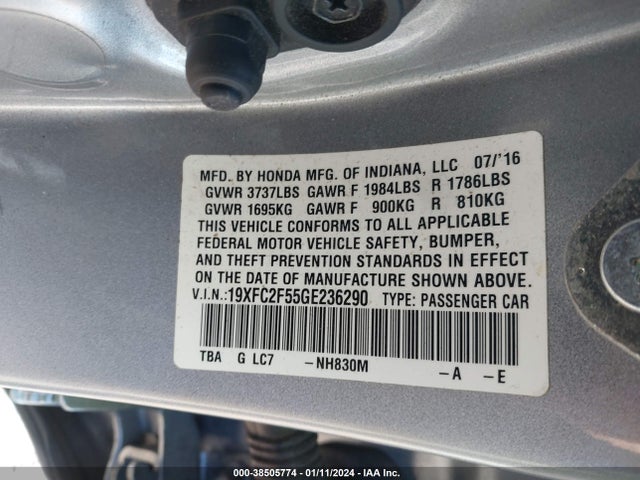 2016 HONDA CIVIC LX VIN: 19XFC2F55GE236290