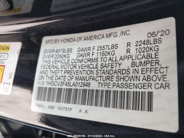 1HGCV3F45LA012946 Honda Accord Hybrid Ex