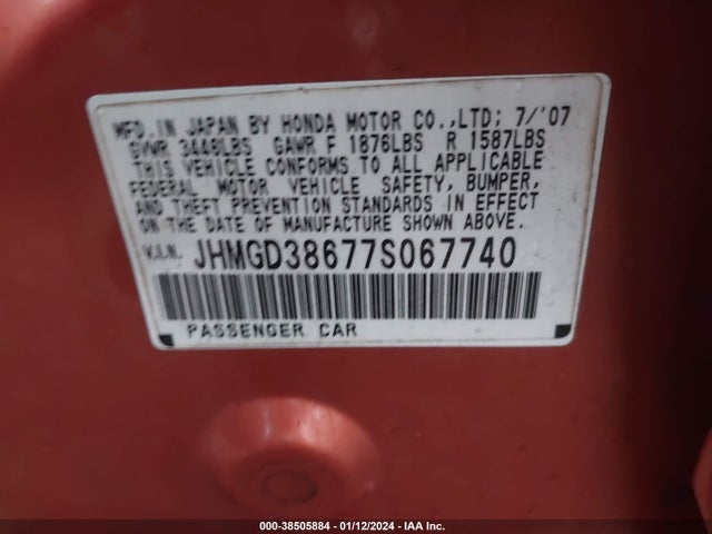 2007 HONDA FIT SPORT VIN: JHMGD38677S067740