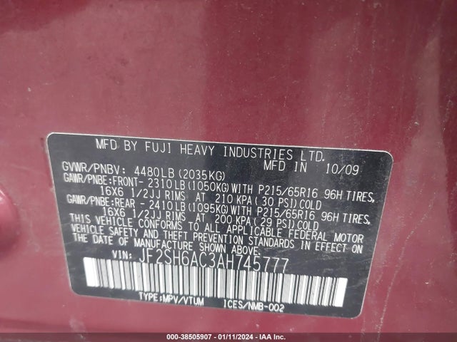 2010 SUBARU FORESTER 2.5X VIN: JF2SH6AC3AH745777