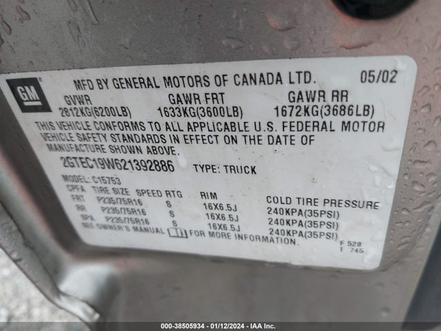 2002 GMC SIERRA 1500 STANDARD VIN: 2GTEC19W621392886