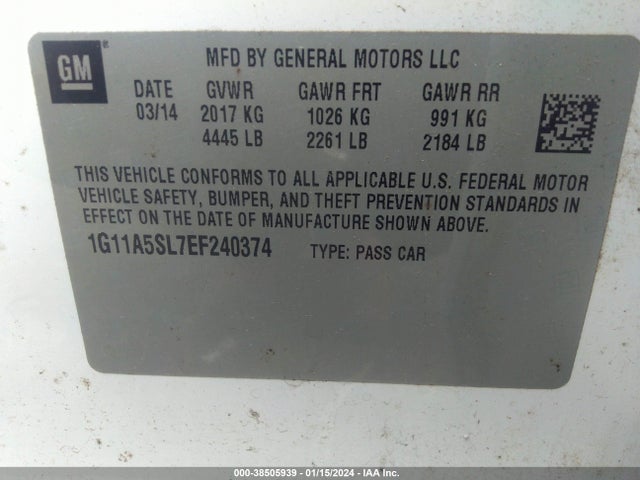 Aukcja sprzedaży 2014 Chevrolet Malibu 1fl, vin: 1G11A5SL7EF240374, numer aukcji: 38505939