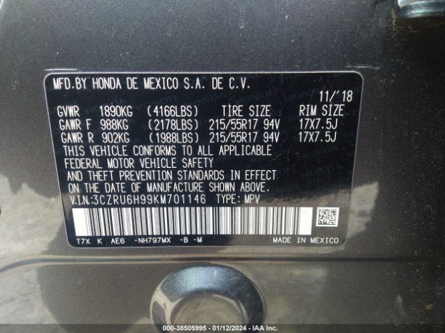3CZRU6H99KM701146 Honda Hr-v Touring