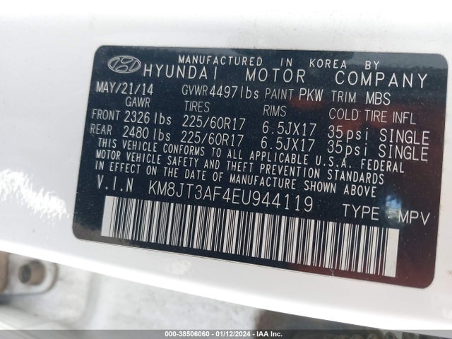 2014 HYUNDAI TUCSON GLS VIN: KM8JT3AF4EU944119