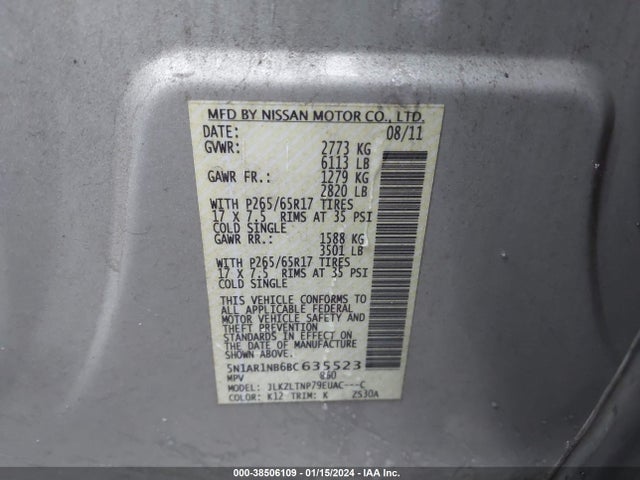 2011 NISSAN PATHFINDER SV VIN: 5N1AR1NB6BC635523