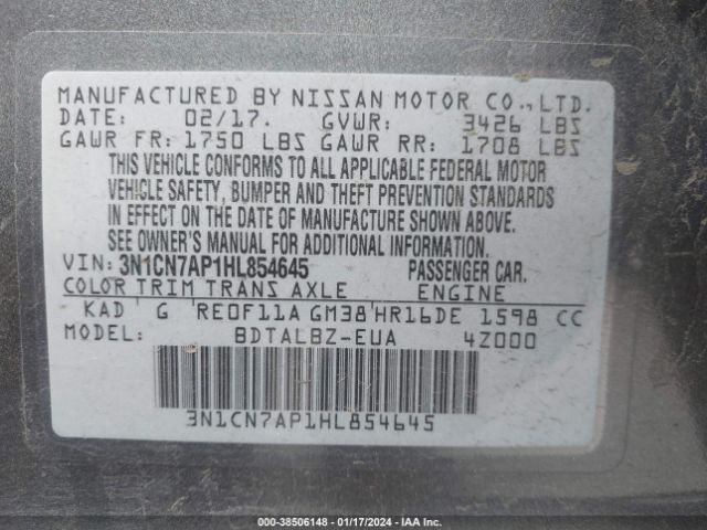 3N1CN7AP1HL854645 Nissan Versa 1.6 Sv