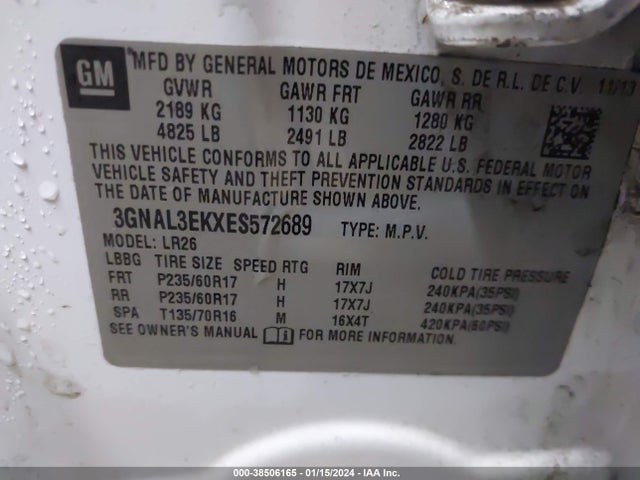 2014 CHEVROLET CAPTIVA SPORT LT VIN: 3GNAL3EKXES572689
