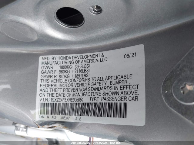 Honda INSIGHT EX 2022 19XZE4F5XNE006051 Image 9