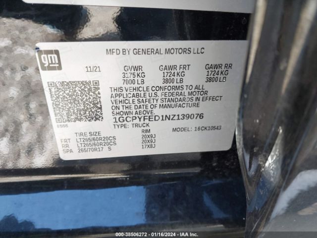 1GCPYFED1NZ139076 Chevrolet Silverado 1500 Ltd 4wd  Short Bed Lt Trail Boss