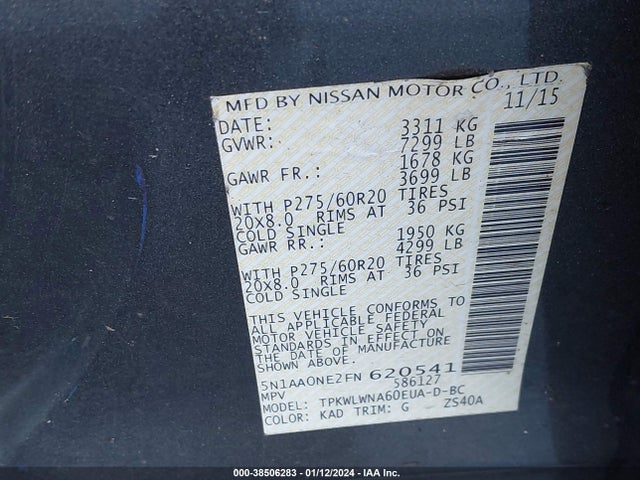 2015 NISSAN ARMADA PLATINUM VIN: 5N1AA0NE2FN620541