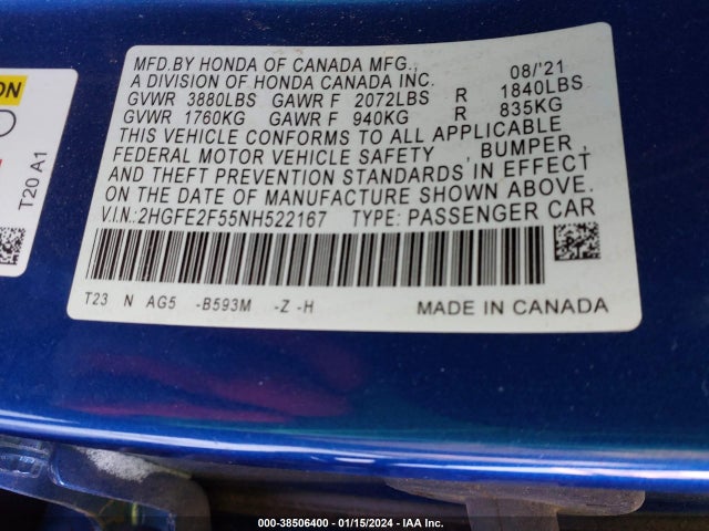 Honda Civic Sport 2022 2HGFE2F55NH522167 Image 9