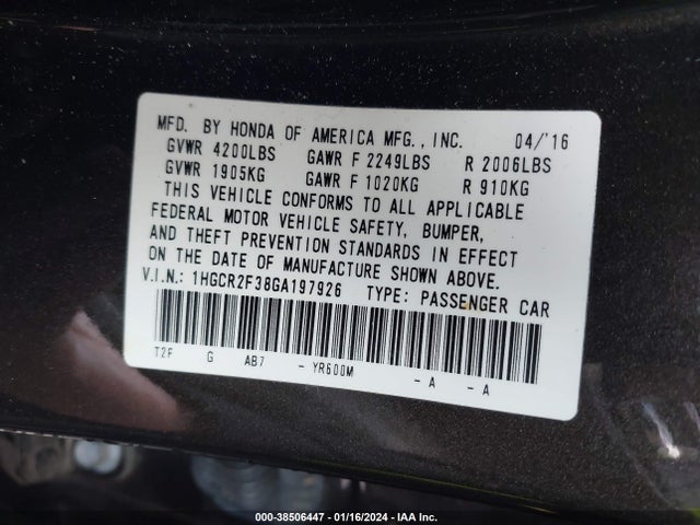 Honda ACCORD LX 2016 1HGCR2F38GA197926 Image 9
