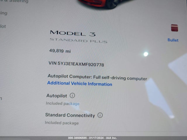 5YJ3E1EAXMF920778 Tesla Model 3 Standard Range Plus Rear-wheel Drive