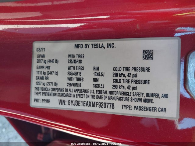 5YJ3E1EAXMF920778 Tesla Model 3 Standard Range Plus Rear-wheel Drive