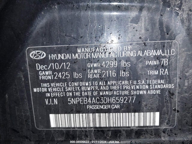 2013 HYUNDAI SONATA GLS VIN: 5NPEB4AC3DH659277