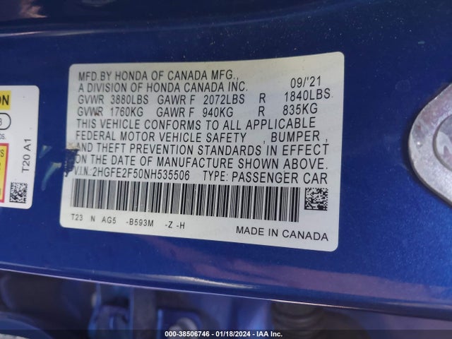 Honda Civic Sport 2022 2HGFE2F50NH535506 Image 9